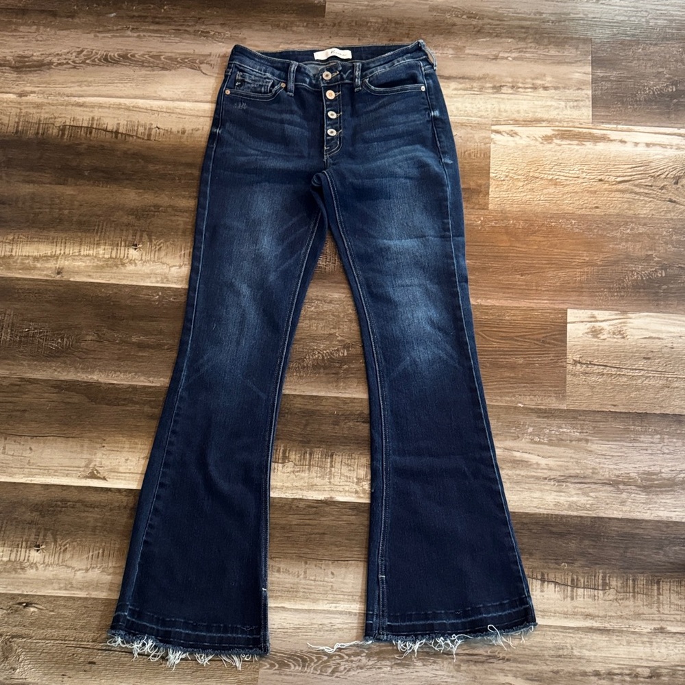 KanCan Dark Blue Flare Jeans with Raw Hem